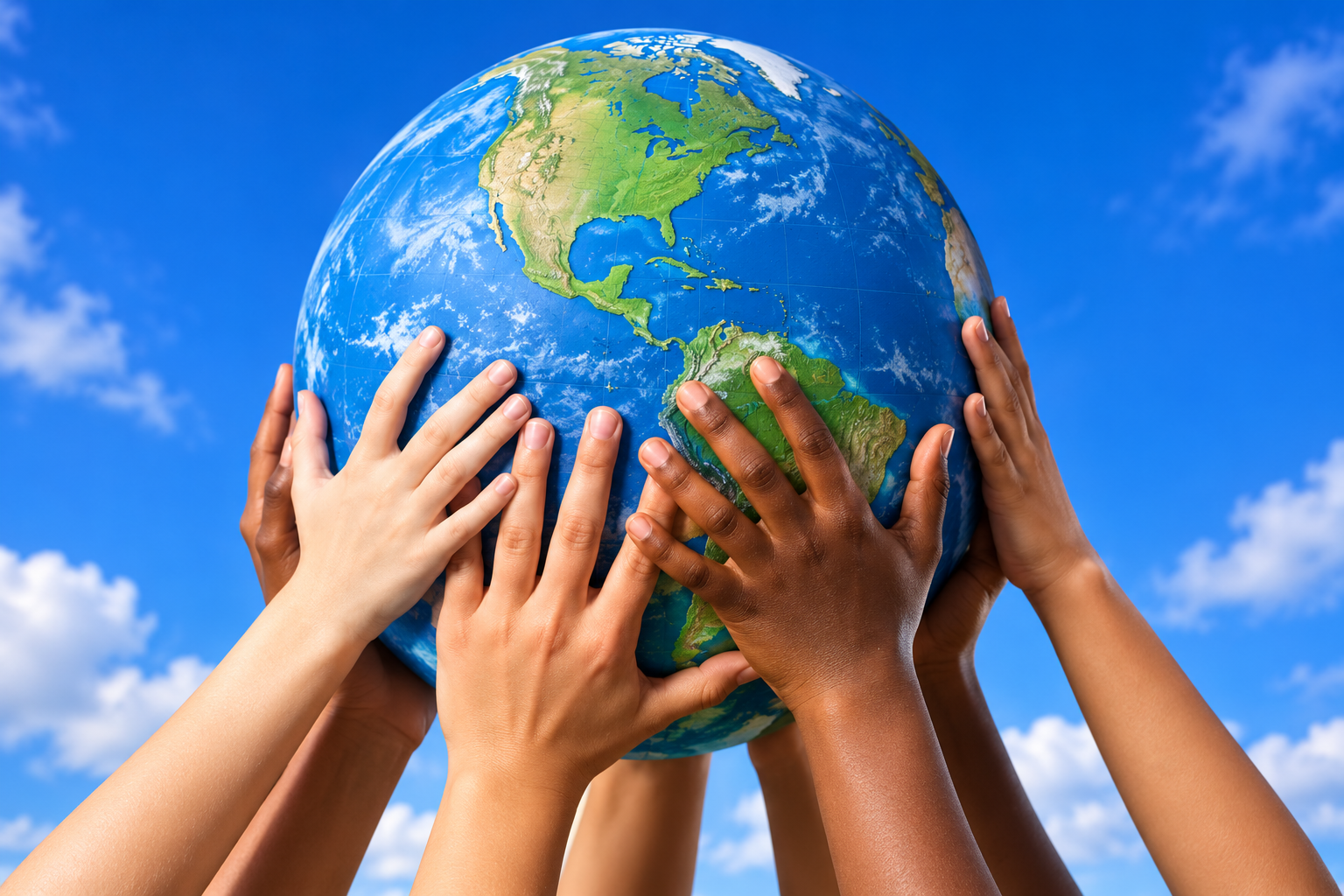 Diverse hands lifting a globe against a blue sky