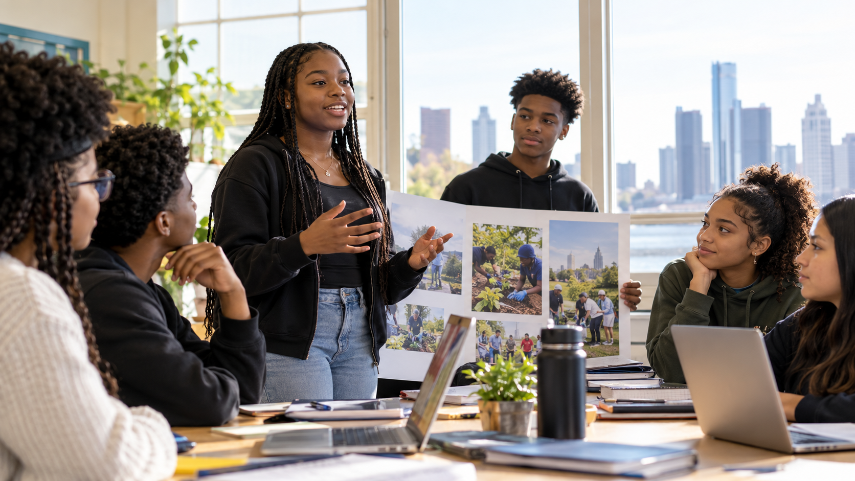 Illustration of Detroit students sharing community learning experiences